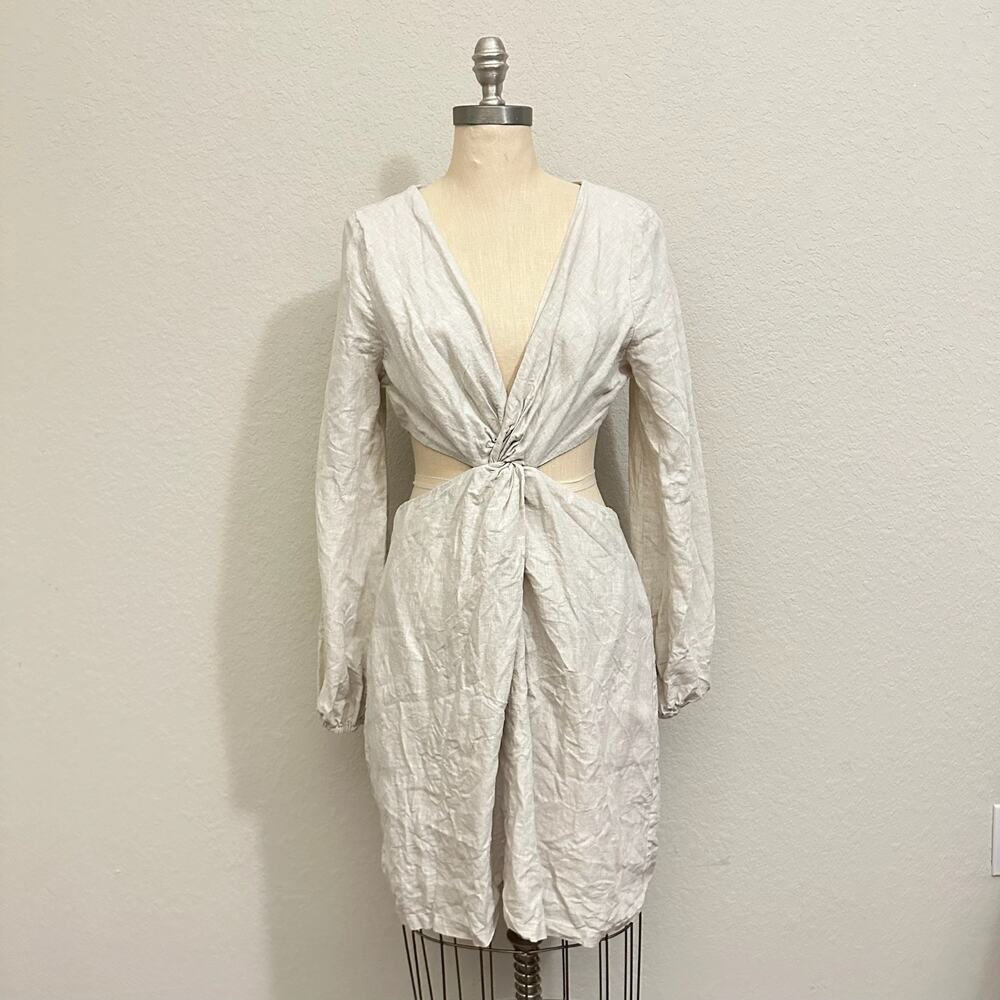 DISSH Tina Mini Dress Beige Neutral Twist Front Linen Cutout Vacation